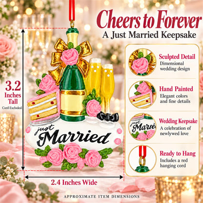 Just Married Champagne Flutes And Cake Resin Christmas Ornament