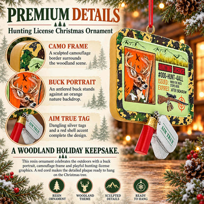 Buck's Hunting License Camo Resin Christmas Ornament