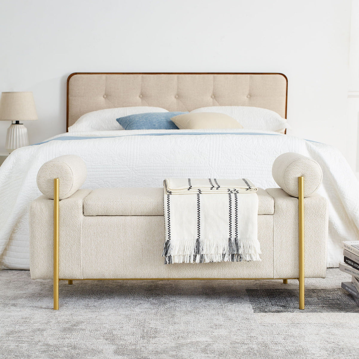Elegant Upholstered Storage Bench With Cylindrical Arms And Iron Legs,