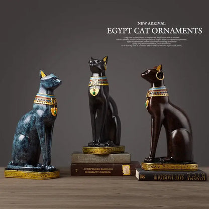 Egyptian cat resin figurine set with gold trim for living room decor