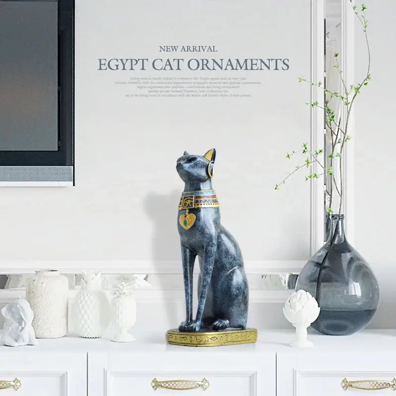 Egyptian cat resin figurine set with gold trim for living room decor
