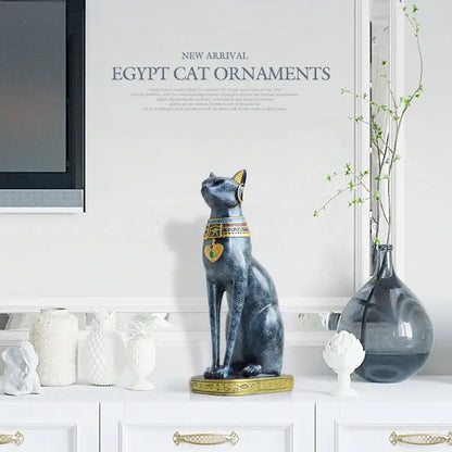 Egyptian cat resin figurine set with gold trim for living room decor