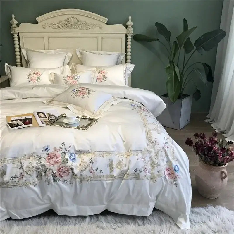 Egyptian cotton white embroidery bedding set bedroom linens