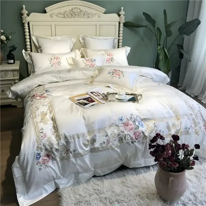 Egyptian cotton white embroidery bedding set bedroom linens