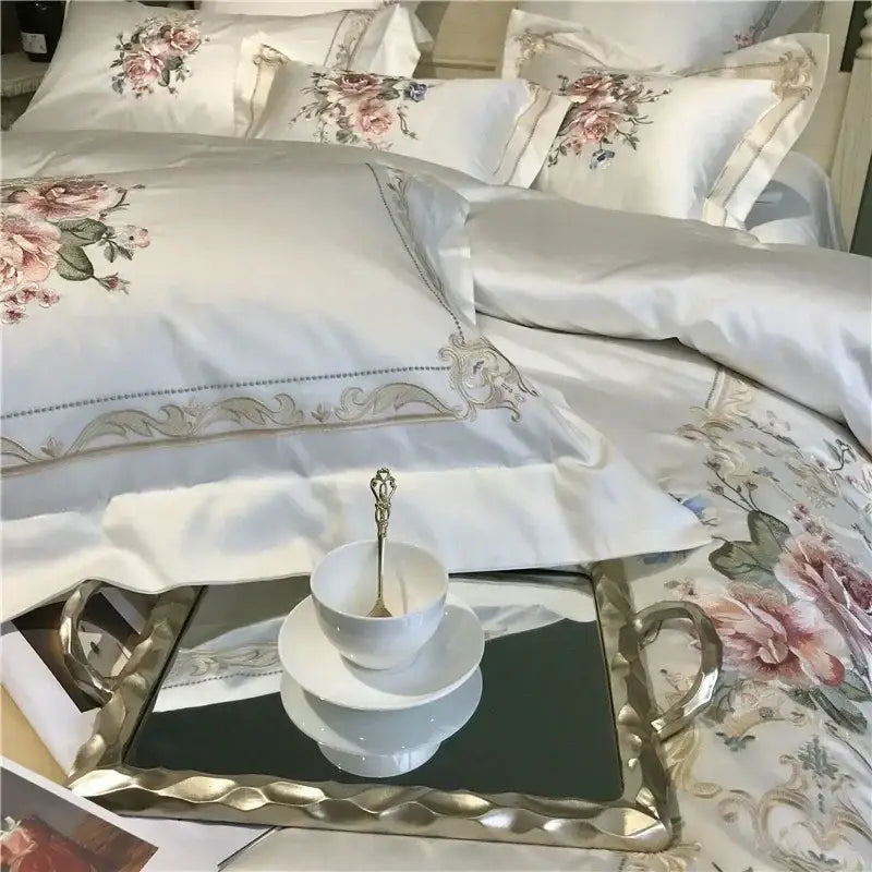 Egyptian cotton white embroidery bedding set bedroom linens