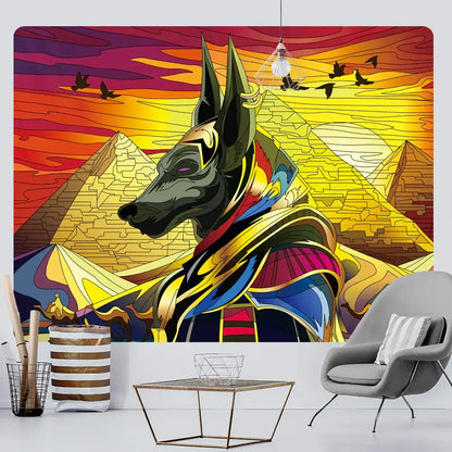 Egyptian psychedelic murals tapestry green anubis bedroom wall decor