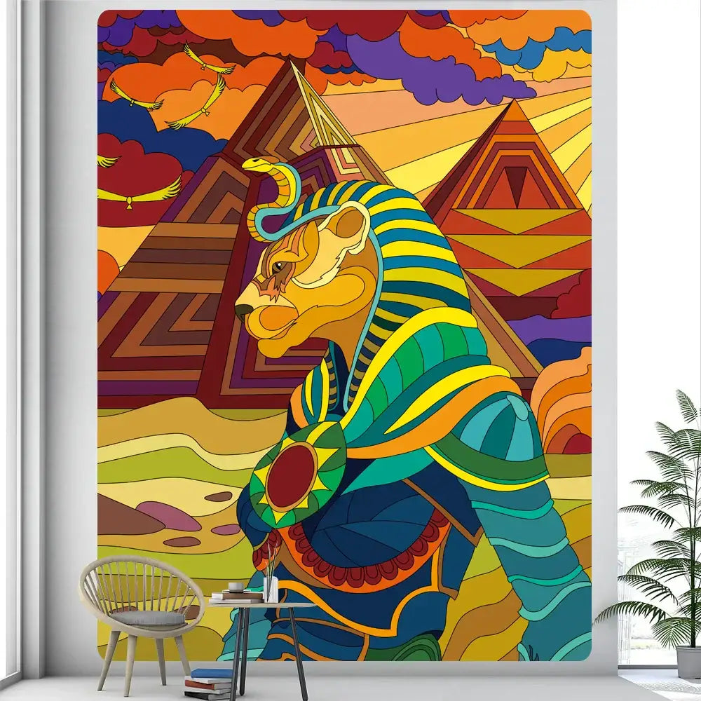 Egyptian psychedelic murals tapestry green anubis bedroom wall decor