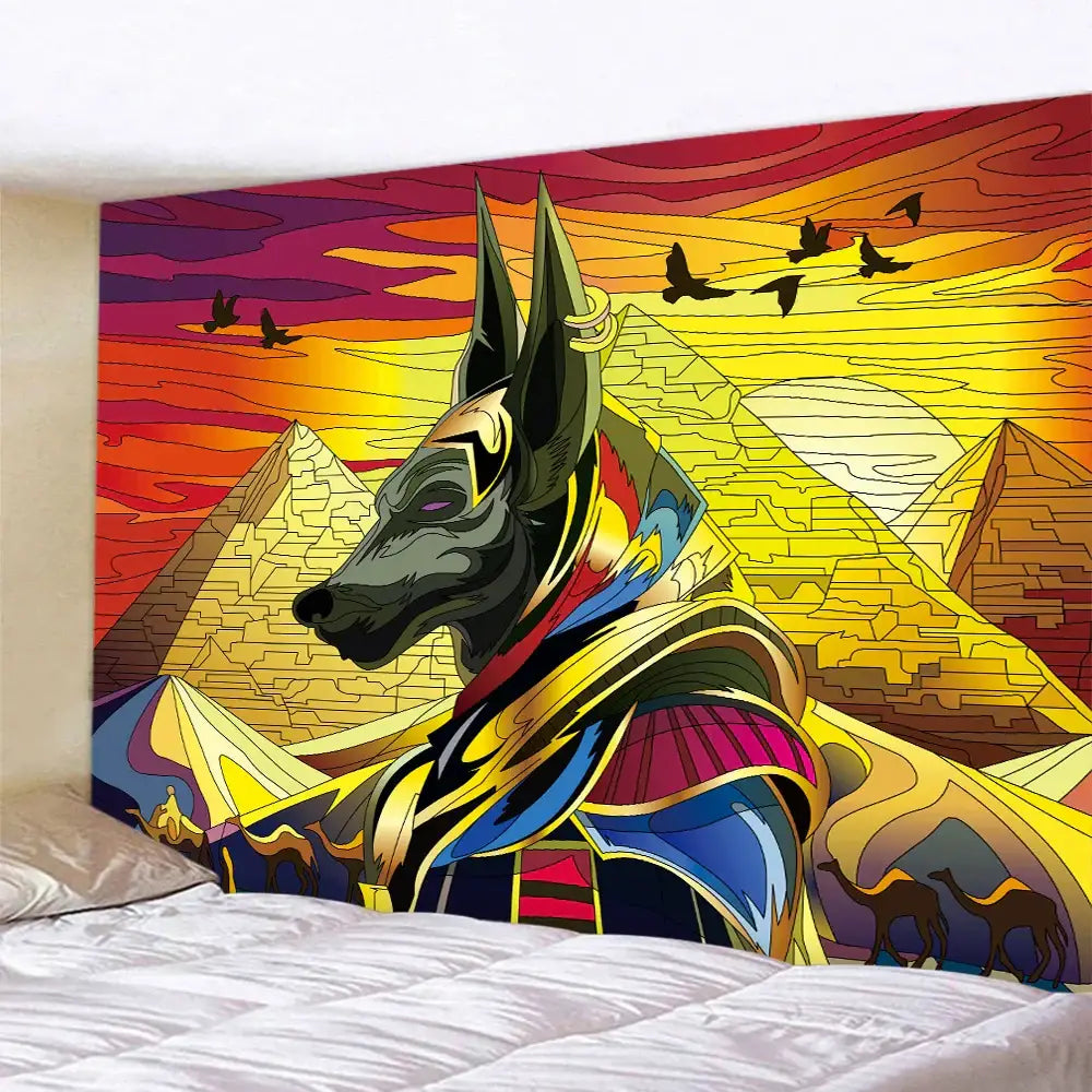 Egyptian psychedelic murals tapestry green anubis bedroom wall decor