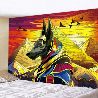 Egyptian psychedelic murals tapestry green anubis bedroom wall decor