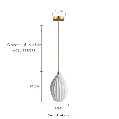 Elegance ribbed ceramic pendant lights in white and gold dining room