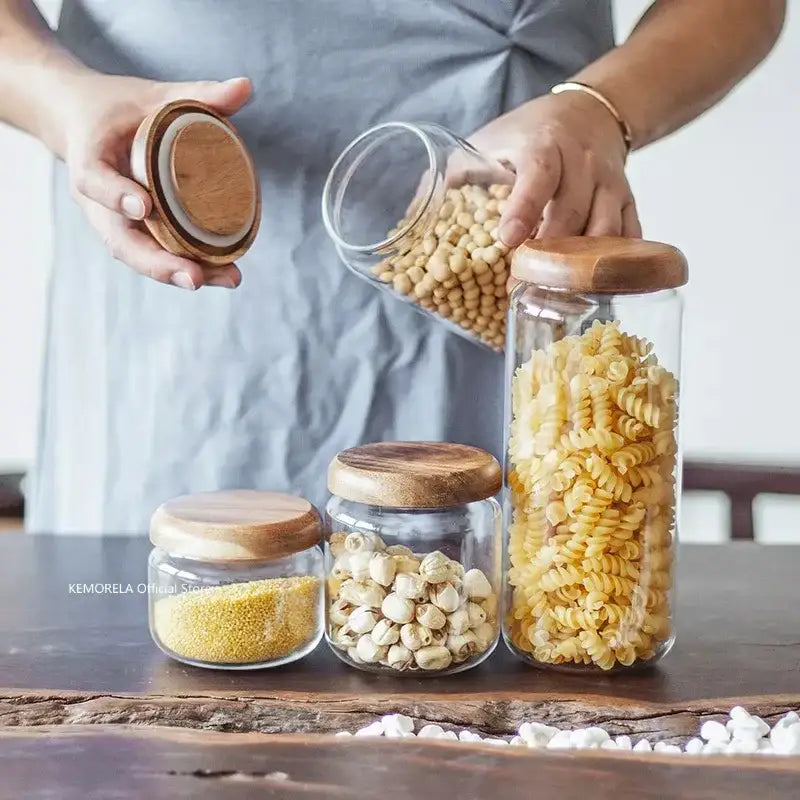 Elegant acacia wood lid glass food storage jars kitchen set