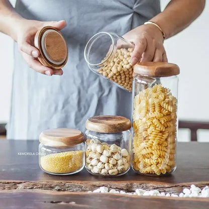 Elegant acacia wood lid glass food storage jars kitchen set