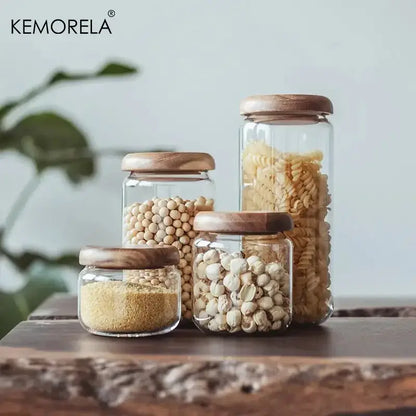 Elegant acacia wood lid glass food storage jars kitchen set