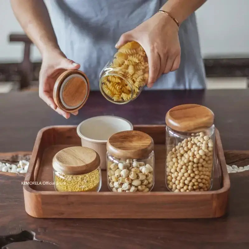 Elegant acacia wood lid glass food storage jars kitchen set