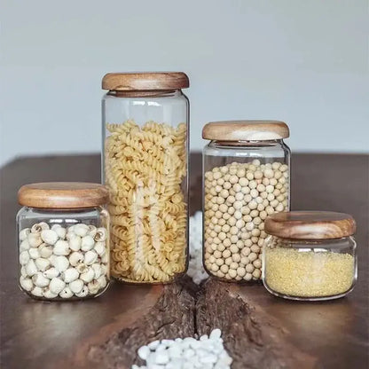 Elegant acacia wood lid glass food storage jars kitchen set