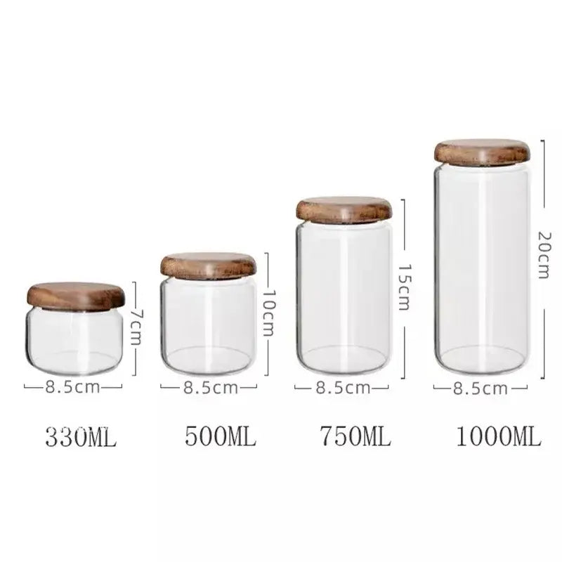 Elegant acacia wood lid glass food storage jars kitchen set