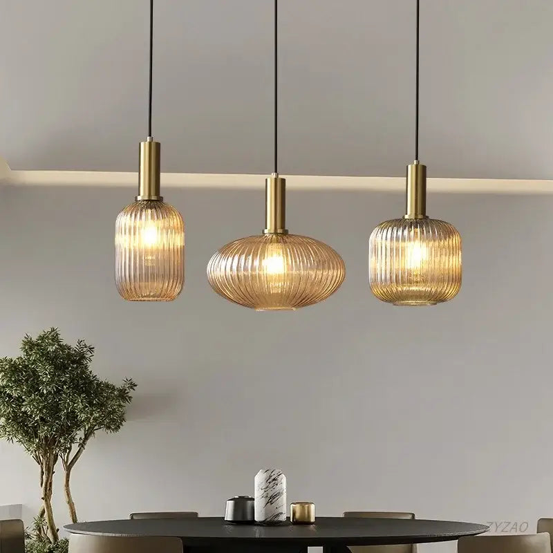 Elegant amber ribbed glass pendant lights for dining room