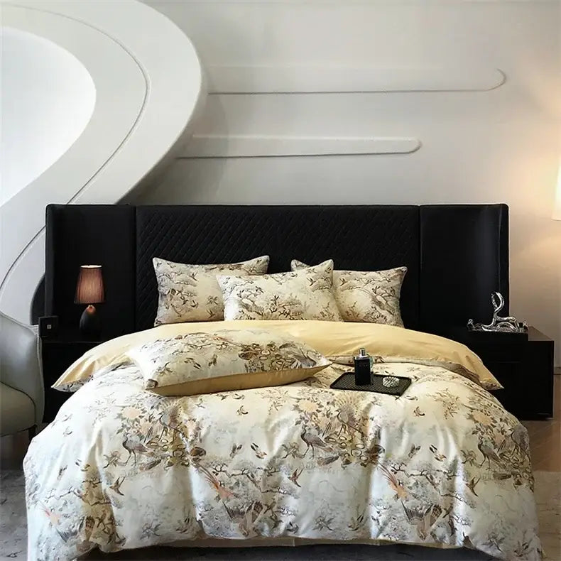 Elegant bird floral cream bedding set bedroom colorful egyptian cotton