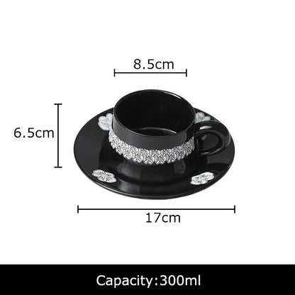 Elegant black and white floral porcelain cup and saucer set dining room