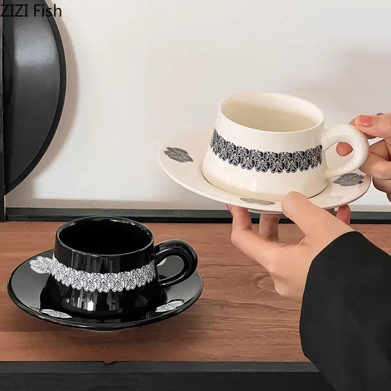 Elegant black and white floral porcelain cup and saucer set dining room