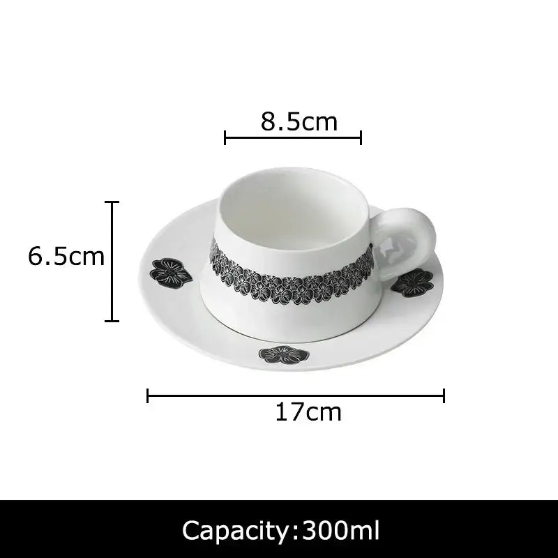 Elegant black and white floral porcelain cup and saucer set dining room