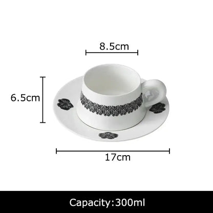 Elegant black and white floral porcelain cup and saucer set dining room