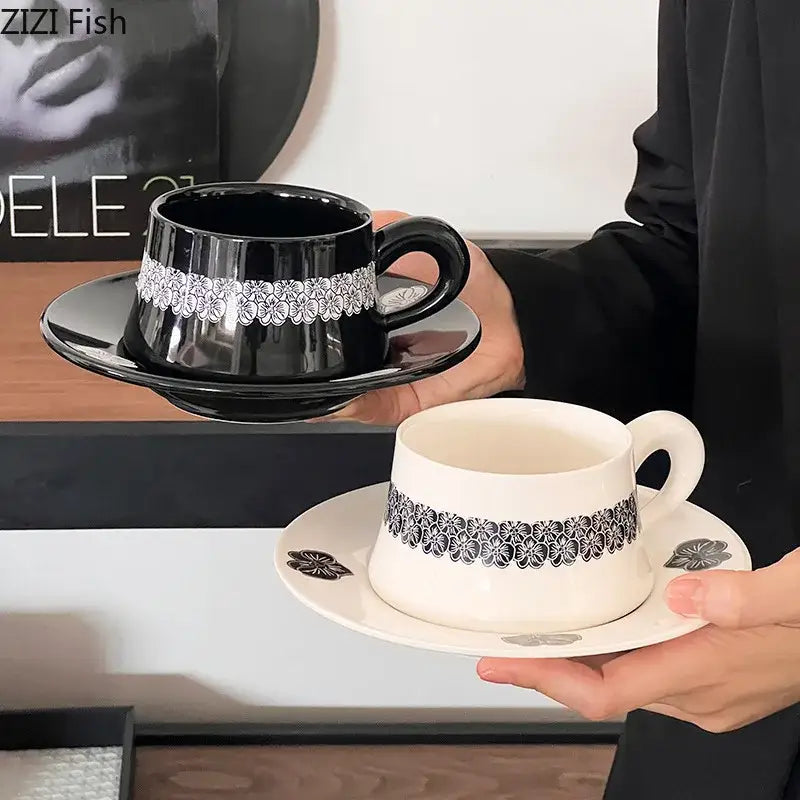 Elegant black and white floral porcelain cup and saucer set dining room