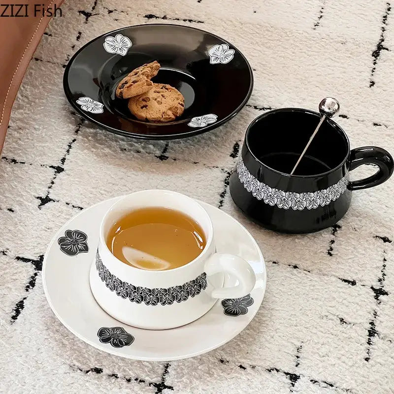 Elegant black and white floral porcelain cup and saucer set dining room