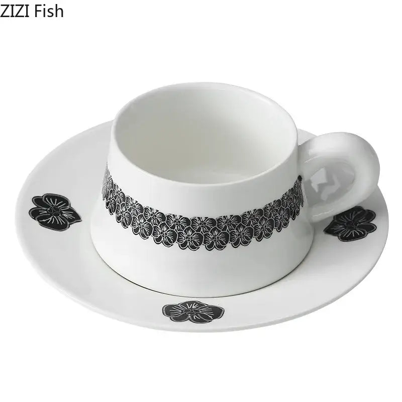 Elegant black and white floral porcelain cup and saucer set dining room