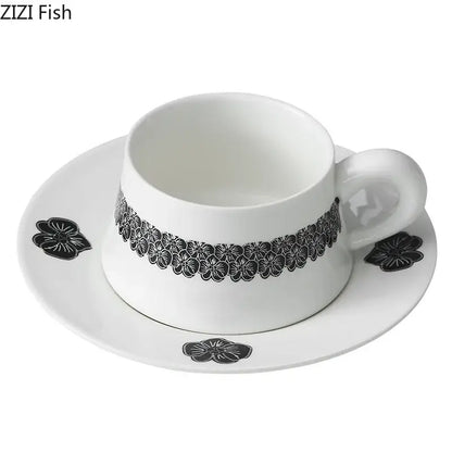 Elegant black and white floral porcelain cup and saucer set dining room
