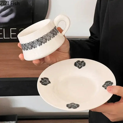 Elegant black and white floral porcelain cup and saucer set dining room