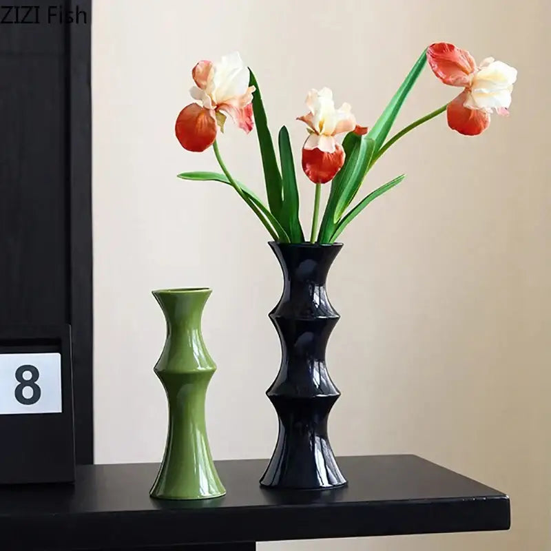 Elegant black bamboo shape ceramic vase living room table decor