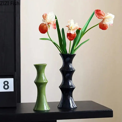 Elegant black bamboo shape ceramic vase living room table decor