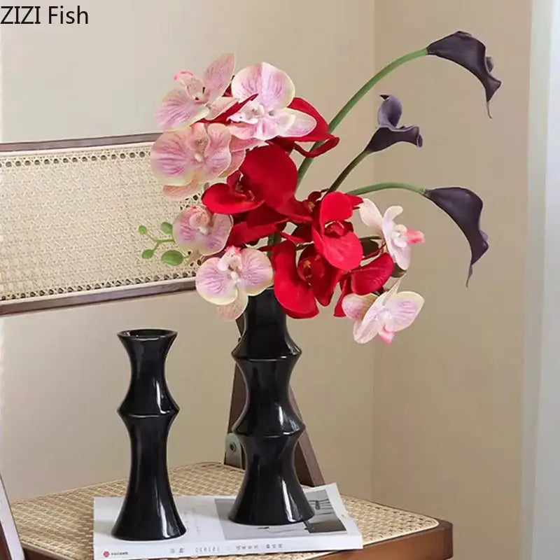 Elegant black bamboo shape ceramic vase living room table decor