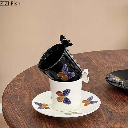 Elegant black butterfly ceramic tea cup and saucer set dining room