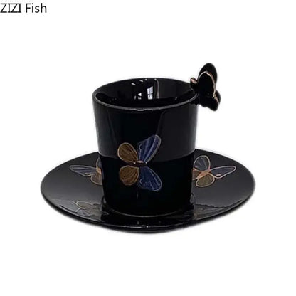 Elegant black butterfly ceramic tea cup and saucer set dining room