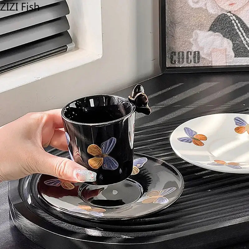 Elegant black butterfly ceramic tea cup and saucer set dining room