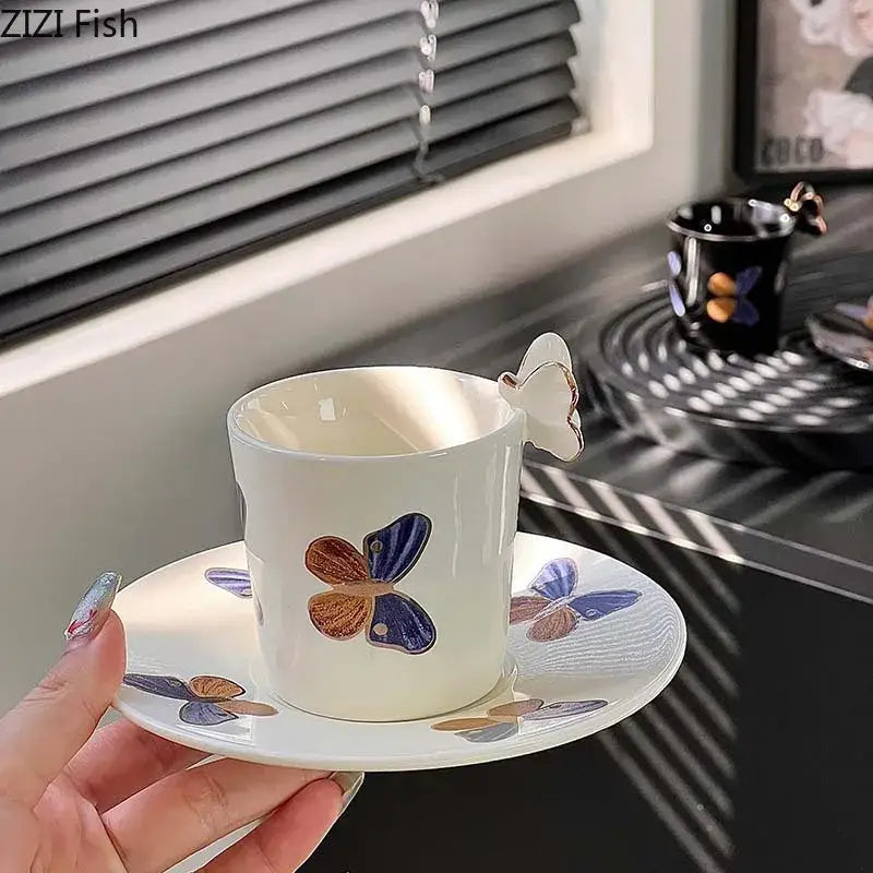 Elegant black butterfly ceramic tea cup and saucer set dining room