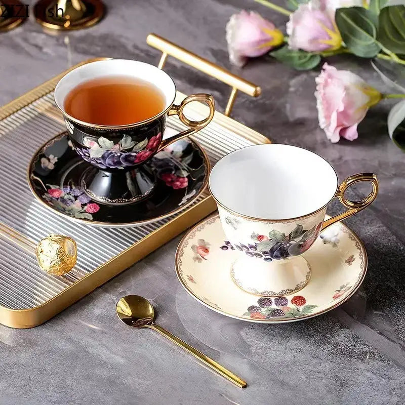 Elegant black & cream fruits pattern ceramic tea set dining room