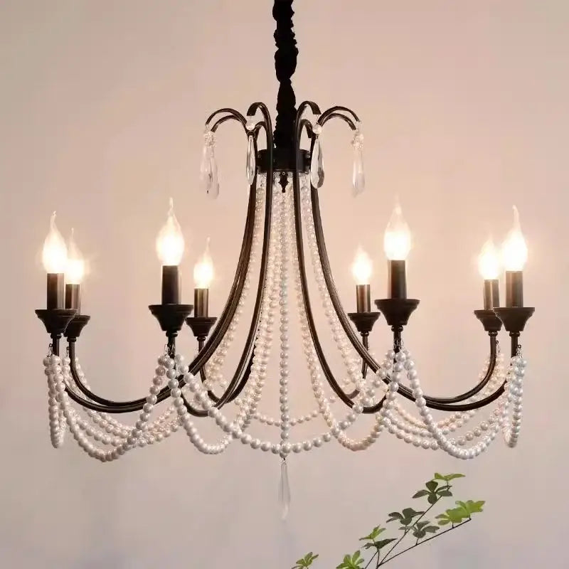 Elegant black crystal chandelier pearl pendant light for living room