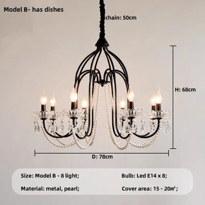 Elegant black crystal chandelier pearl pendant light for living room