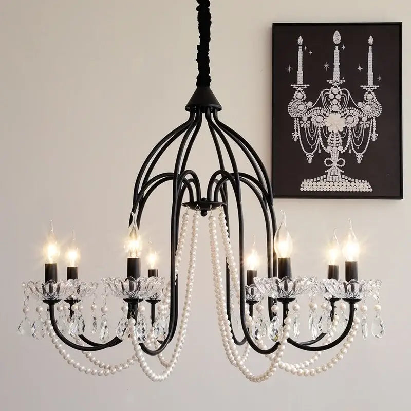 Elegant black crystal chandelier pearl pendant light for living room