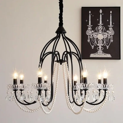 Elegant black crystal chandelier pearl pendant light for living room