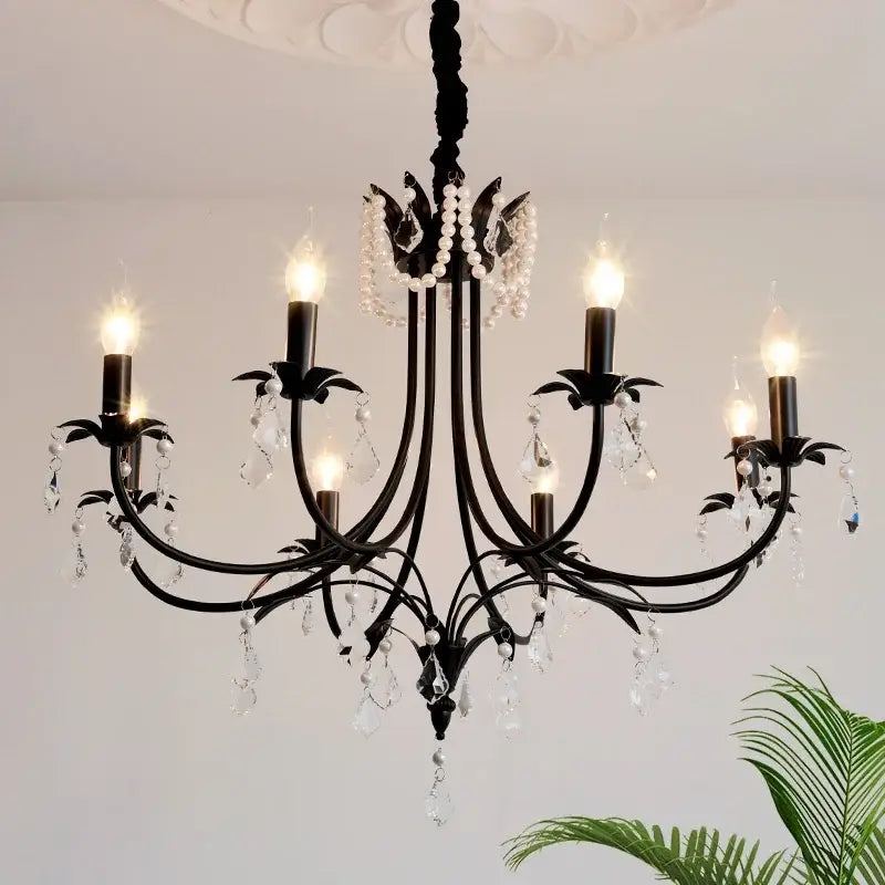 Elegant black crystal chandelier pearl pendant light for living room