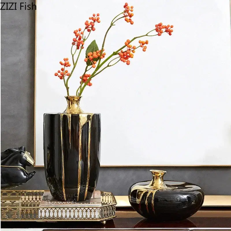 Elegant black & gold ceramic vase set living room luxury decor