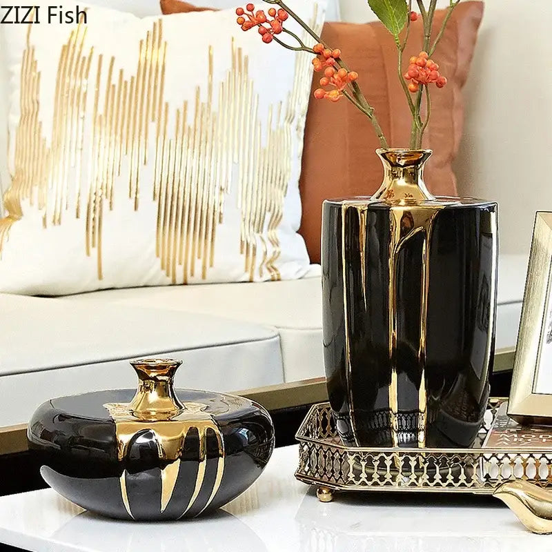 Elegant black & gold ceramic vase set living room luxury decor
