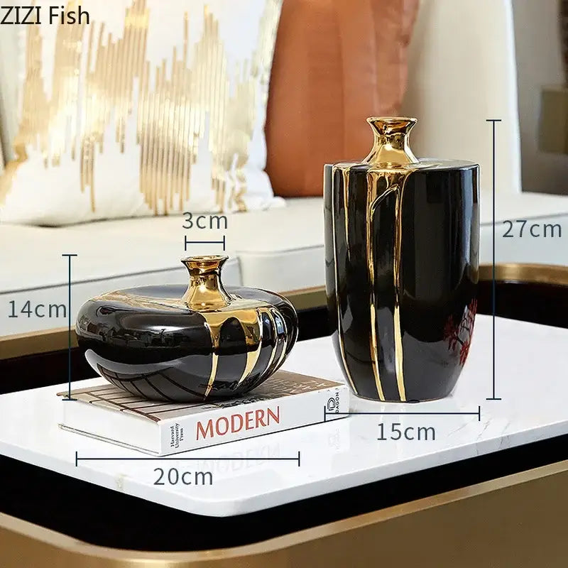 Elegant black & gold ceramic vase set living room luxury decor