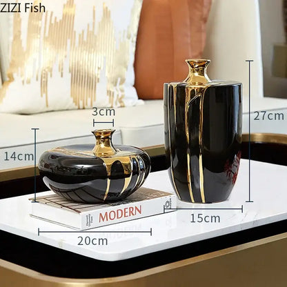 Elegant black & gold ceramic vase set living room luxury decor