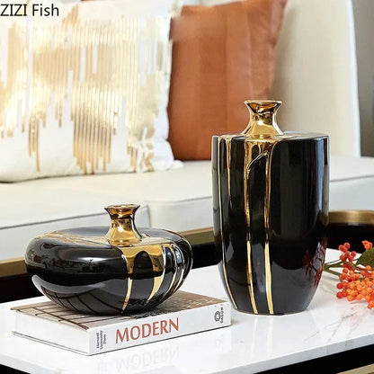 Elegant black & gold ceramic vase set living room luxury decor