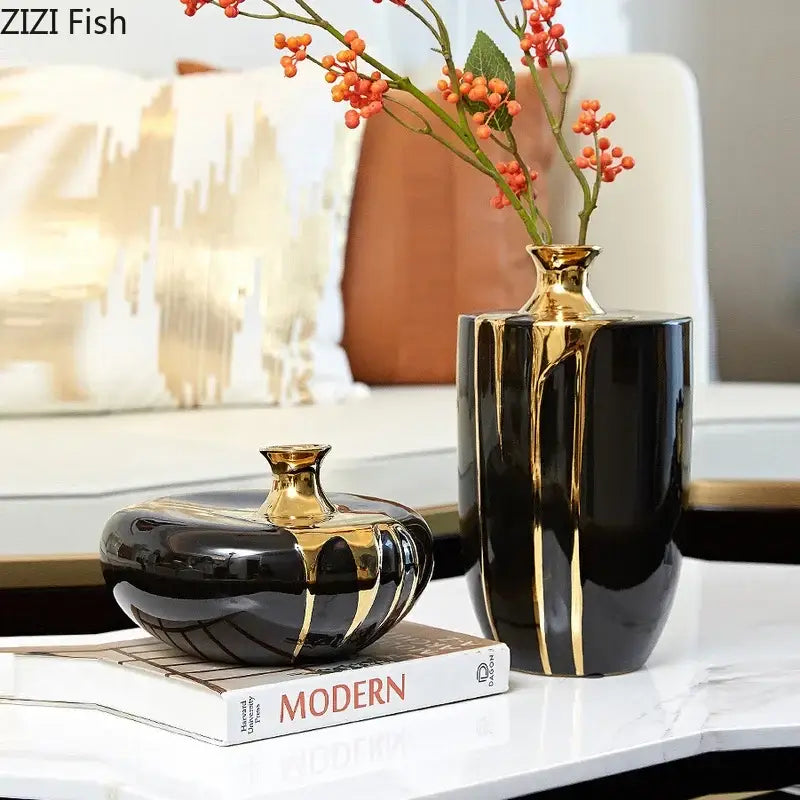 Elegant black & gold ceramic vase set living room luxury decor